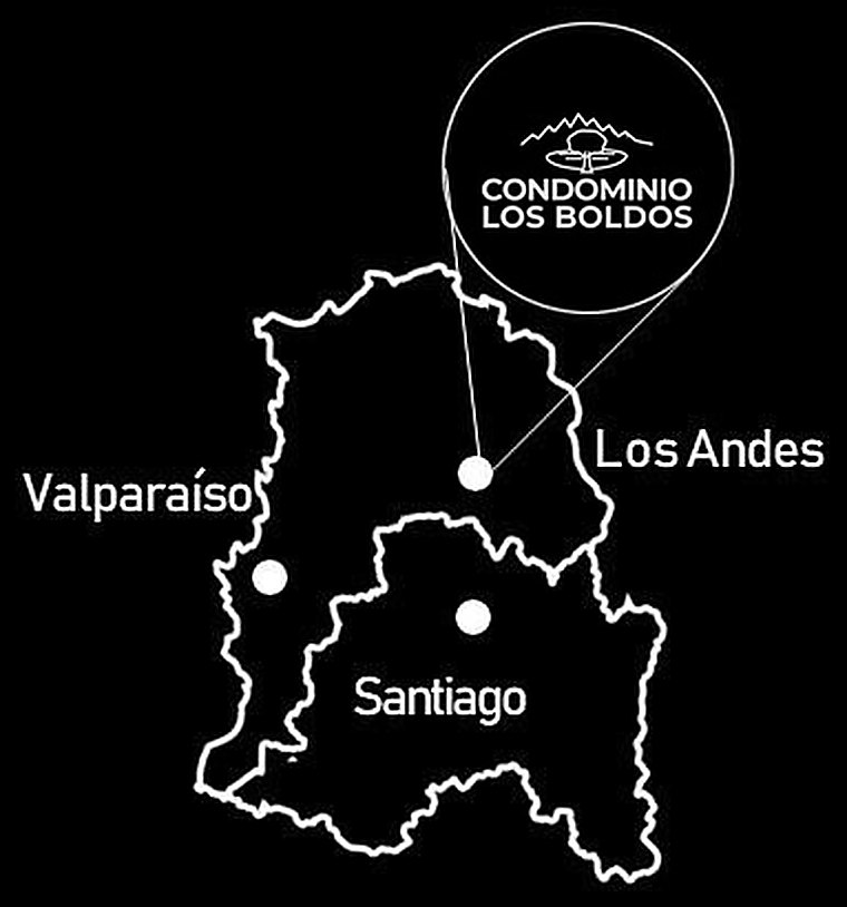 Mapa de ubicación de Condominio Los Boldos entre Valparaíso, Santiago y Los Andes